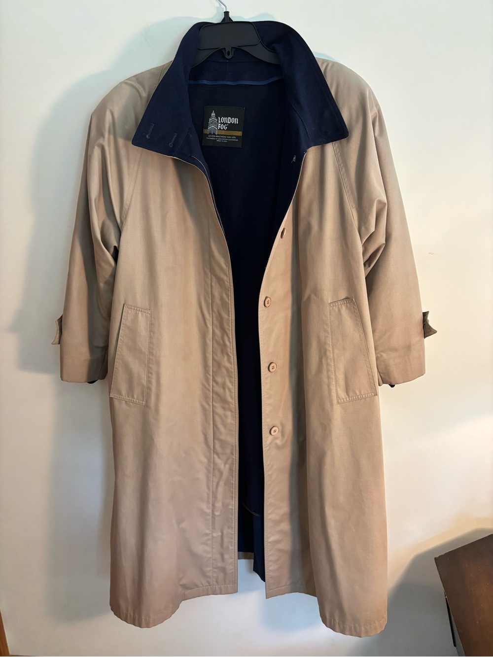 London Fog Tan Trench Coat with Navy Contrast Collar and zippered wool lining